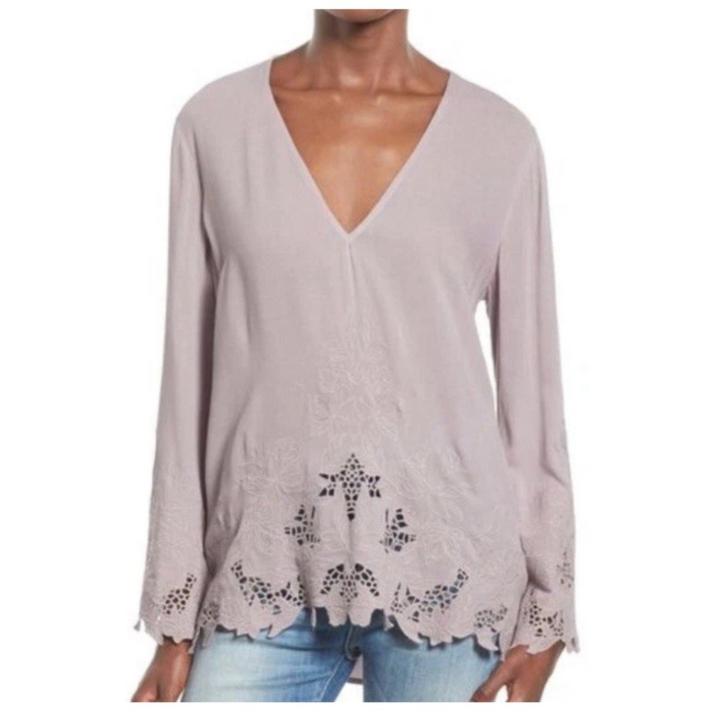 Astr The Label Lavendar Purple Embroidered Bell‎ Sleeve Long Sleeve Top XS